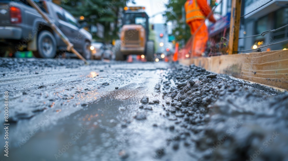 Freshly poured concrete sidewalk, close-up showing fine details and texture, with city construction equipment around Freshly poured concrete sidewalk, close-up showing fine details and texture, with city construction equipment around