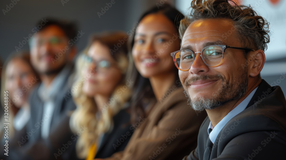 Obraz premium Portrait of smiling multiethnic business people looking at camera in office