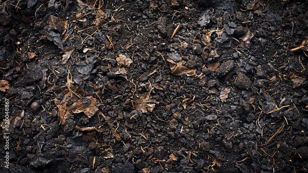 Close-up overhead shot of moist peaty soil, showing the intricate details of decomposed vegetation and organic content, perfect for backgrounds emphasizing fertility and natural growth Close-up overhead shot of moist peaty soil, showing the intricate details of decomposed vegetation and organic content, perfect for backgrounds emphasizing fertility and natural growth