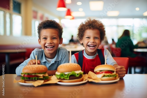 two 8 year old boys eating hamburgers at a fast food restaurant 