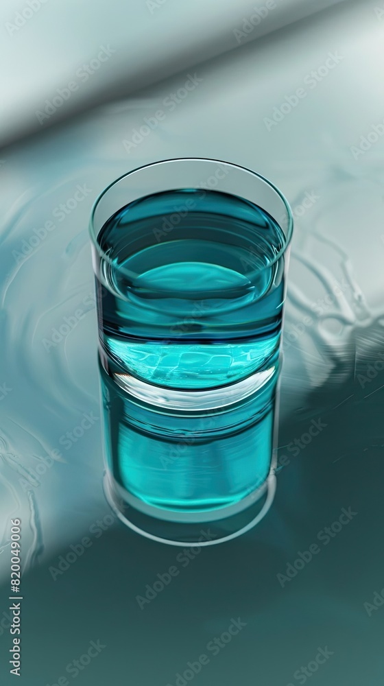 a glass of turquoise water on a reflective surface, minimalism theme, top view, showcasing simplicity and elegance, advanced tone, Tetradic color scheme a glass of turquoise water on a reflective surface, minimalism theme, top view, showcasing simplicity and elegance, advanced tone, Tetradic color scheme