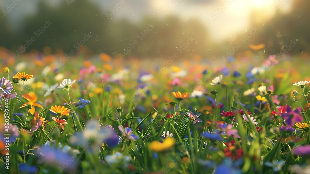 Fototapeta premium Meadow of wildflowers, soft twilight glow, wideangle, vivid colors, various flower species, subtle bokeh background