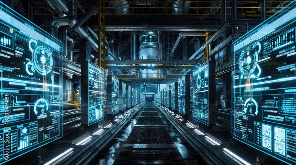 Naklejka premium safety protocols displayed on digital screens throughout a chemical plant