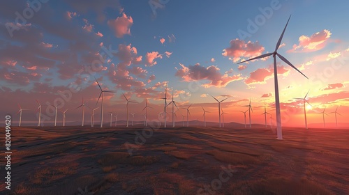 Modern wind farm at sunset, turbines silhouetted against the sky, wideangle, warm and serene, ecofriendly
