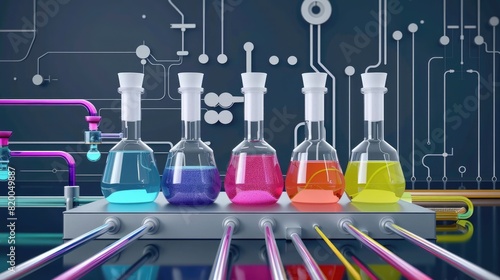 Illustrate a chemical reaction process with colorful reactants and products, reaction theme, front view, highlighting dynamic changes, technology tone, Monochromatic Color Scheme photo