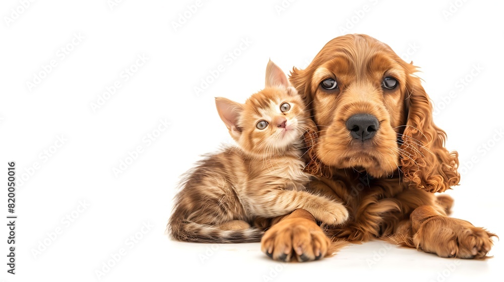 Curious English cocker spaniel puppy dog hugs kitten Pets look away and up together on empty space isolated on white background : Generative AI Curious English cocker spaniel puppy dog hugs kitten Pets look away and up together on empty space isolated on white background : Generative AI
