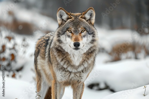 Image of a gray wolf standing in the snow  high quality  high resolution