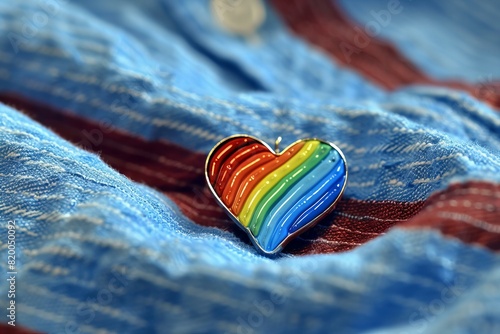 Illustration of  rainbow heart shaped enamel pin resting on a blue shirt photo