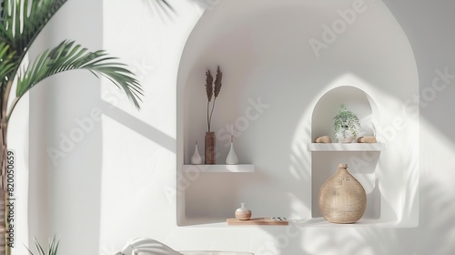 Room interior with wall design decor at niche shelf Modern home decoration indoors apartment style in white Vintage archs exotic space of living room Natural decorative elements : Generative AI