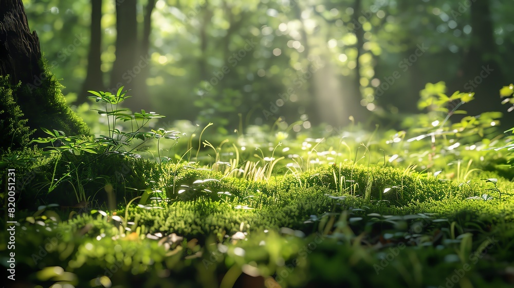 Shaded forest floor with lush moss and grass, filtered sunlight, soft shadows, low angle, tranquil and cool Shaded forest floor with lush moss and grass, filtered sunlight, soft shadows, low angle, tranquil and cool