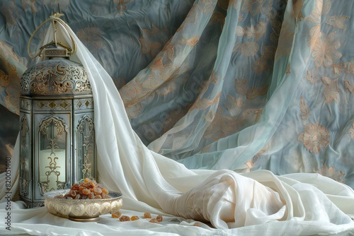 Digital artwork of  islamic lantern sits next to a white cloth and a pair of raisins photo