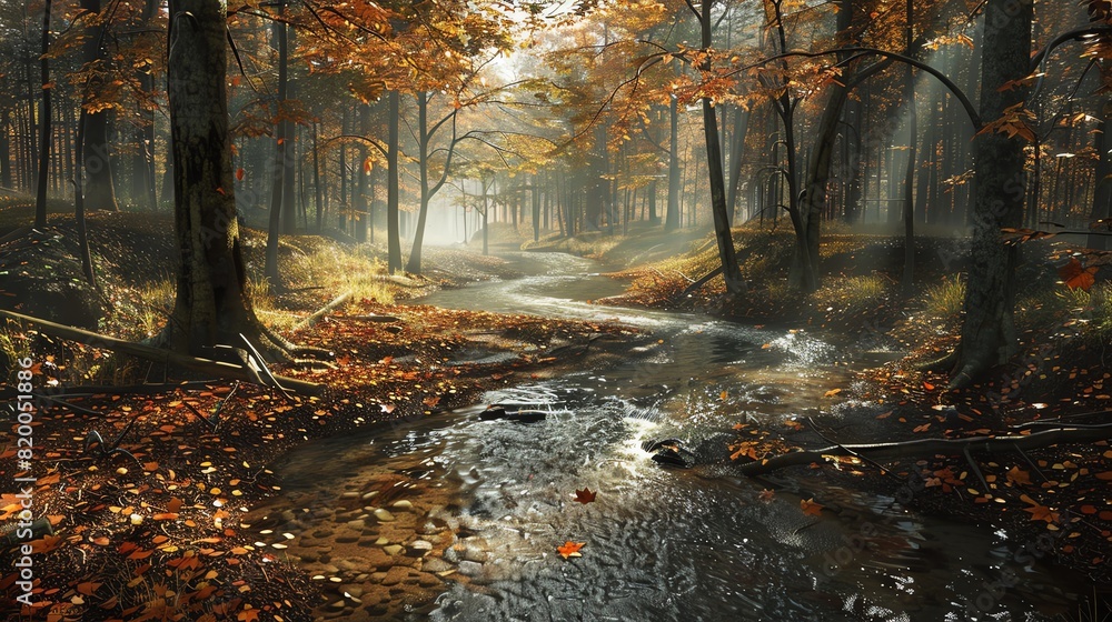 Stream winding through a forest, wideangle view, dappled sunlight, flowing water, autumn leaves, rich earthy tones Stream winding through a forest, wideangle view, dappled sunlight, flowing water, autumn leaves, rich earthy tones