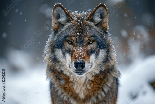 Featuring a image of a gray wolf standing in the snow, high quality, high resolution © Picasso
