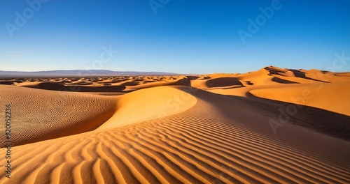 A vast desert landscape with golden sand dunes  a clear blue sky  and the sun casting long shadows on the rippled sand.