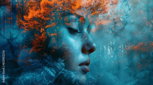 enigmatic forest surreal photo manipulation of womans face and woodland blue and orange digital art