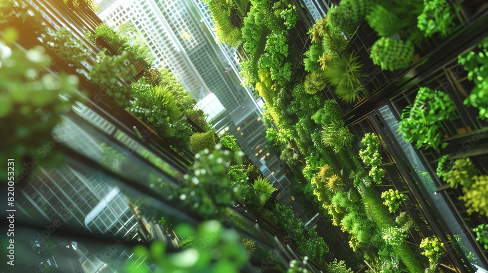 Vertical farming in a city skyscraper, vibrant plants, drone shot, bright daylight Vertical farming in a city skyscraper, vibrant plants, drone shot, bright daylight