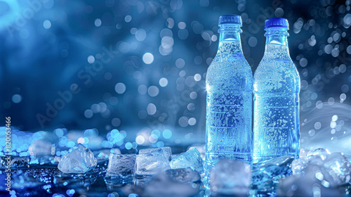 a frosty scene with a blue-tinted bottle and a misty clear bottle  both beaded with condensation and nestled among ice on a cool blue surface