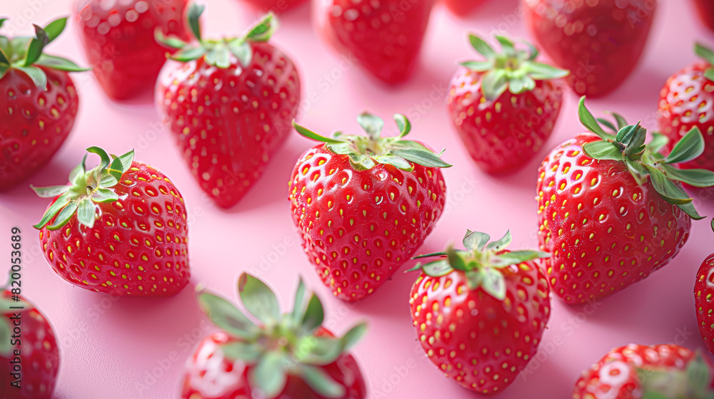 perfectly ripe strawberries, their red hues and seed textures vivid against a soft pink background, arranged in a symmetrical pattern. The lighting accentuates the glossy finish on the strawberries perfectly ripe strawberries, their red hues and seed textures vivid against a soft pink background, arranged in a symmetrical pattern. The lighting accentuates the glossy finish on the strawberries