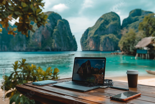 digital nomad s beachside workspace with laptop and ocean view