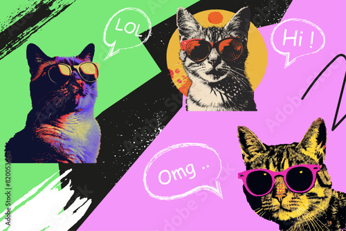Portraits of cats in sunglasses With monochrome vintage photocopy effect, y2k collage. Stipple halftone retro design elements. Vector illustration for grunge punk surreal poster, Print design, t-shirt