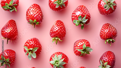 perfectly ripe strawberries, their red hues and seed textures vivid against a soft pink background, arranged in a symmetrical pattern. The lighting accentuates the glossy finish on the strawberries photo