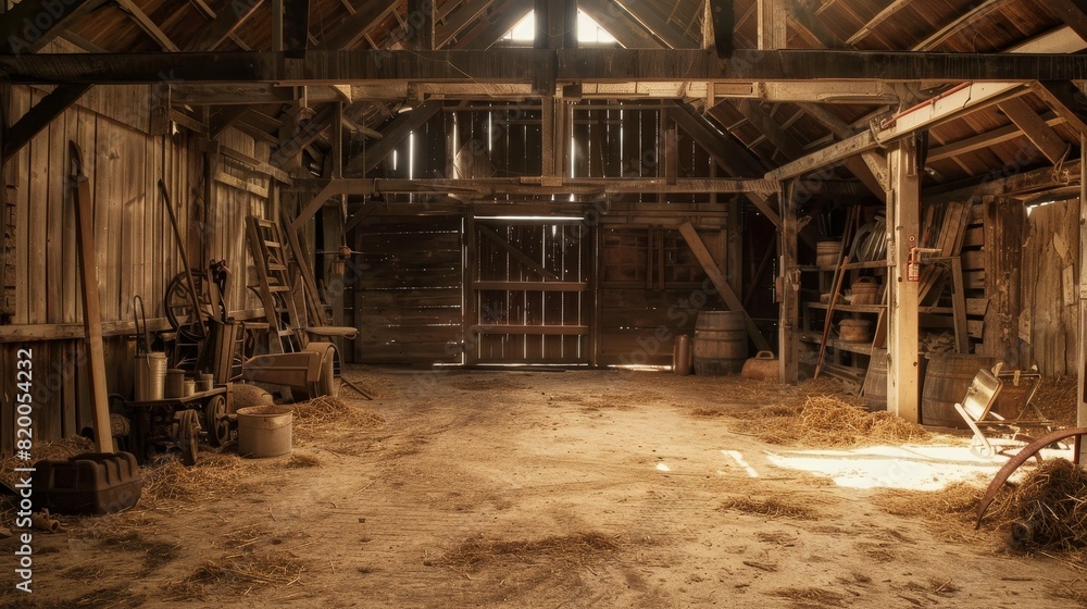 Empty barn, detailed wooden walls and floor, various agricultural tools placed methodically around