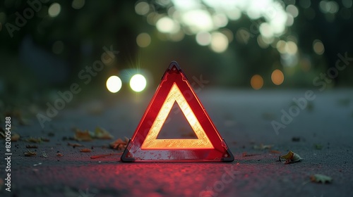 Emergency triangular plastic sign installed on a suburban highway in the evening. A road accident