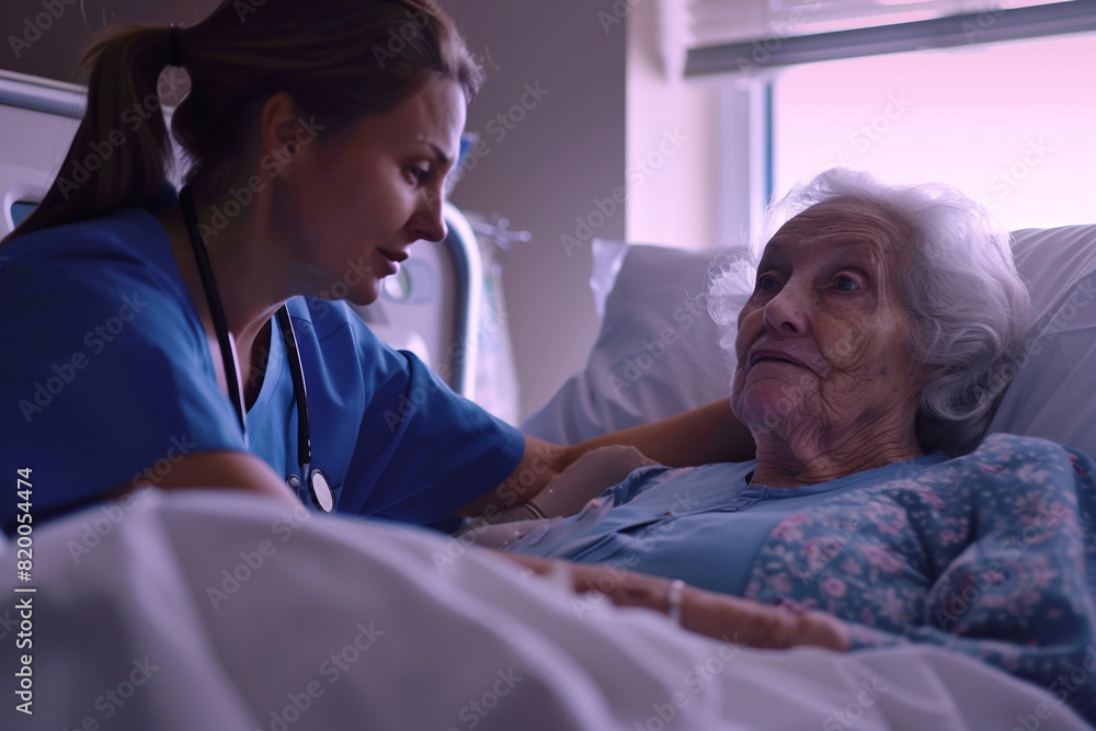 Obraz premium Nurse cares for elderly woman lying in bed