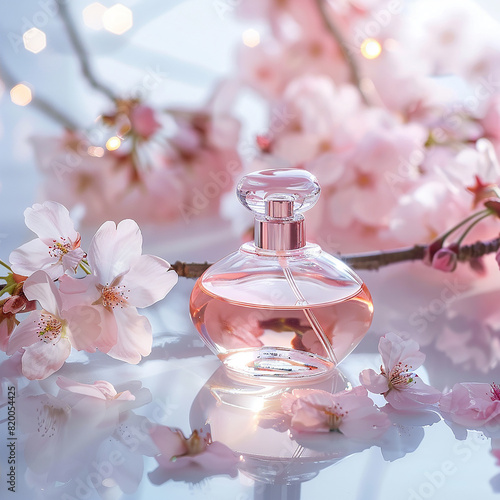 Perfume bottle with background of cherry blossoms generated.AI