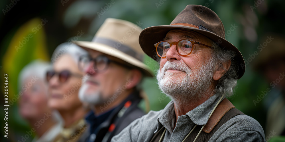 Close-up photo of an elderly tourist, enjoying nature in a tropical forest, Close-up photo of an elderly tourist, enjoying nature in a tropical forest,