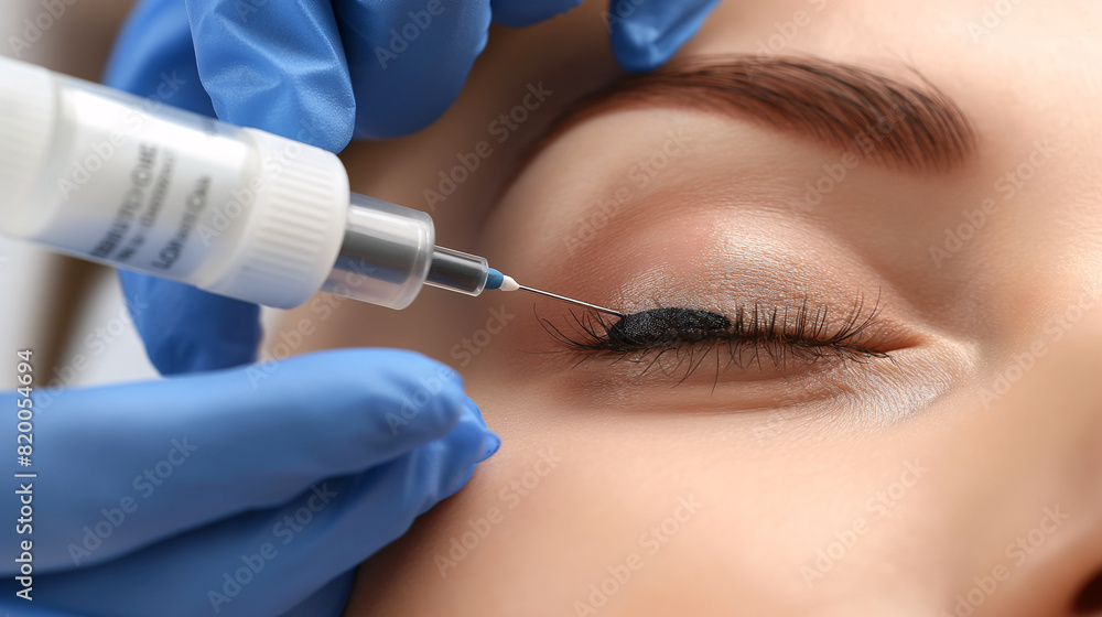 Close-up of Cosmetic Procedure for Eyelid Correction with Injection, Professional Beauty Treatment Close-up of Cosmetic Procedure for Eyelid Correction with Injection, Professional Beauty Treatment