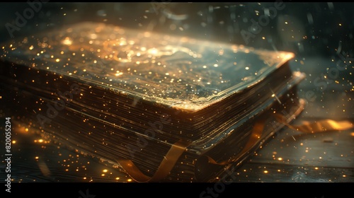 Detailed view of a vintage book  pages illuminated with magical light  evoking an astounding story