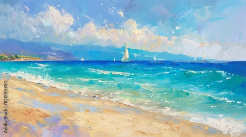 Impressionist Seascape Oil Painting. The waves of the ocean are captured in vibrant brushstrokes, reflecting the Mediterranean beauty