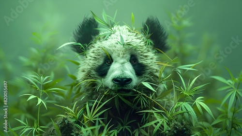 Surreal of a Panda Wearing Marijuana Reggae Style Clothing in Verdant Cannabis Setting