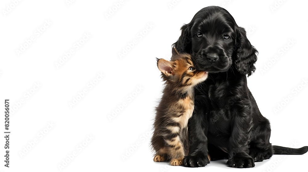 Curious English cocker spaniel puppy dog hugs kitten Pets look away and up together on empty space isolated on white background : Generative AI Curious English cocker spaniel puppy dog hugs kitten Pets look away and up together on empty space isolated on white background : Generative AI