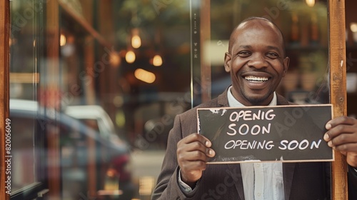 Entrepreneur Holding 'Opening Soon' Sign photo
