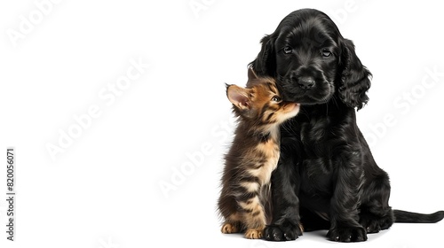 Curious English cocker spaniel puppy dog hugs kitten Pets look away and up together on empty space isolated on white background   Generative AI