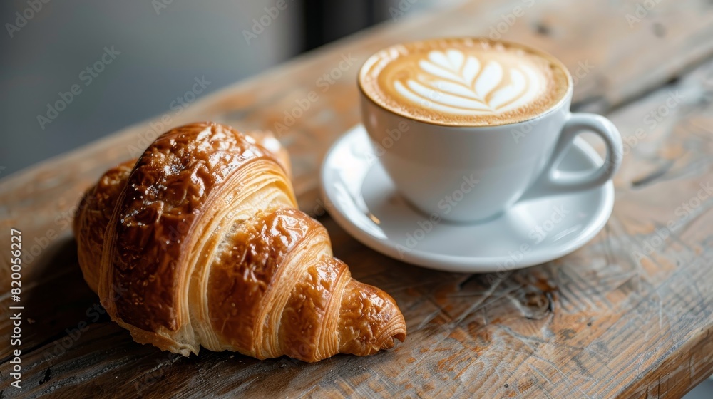 Detailed shot of a flaky croissant paired with a latte cup featuring intricate latte art, isolated background, studio lighting Detailed shot of a flaky croissant paired with a latte cup featuring intricate latte art, isolated background, studio lighting