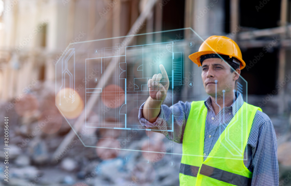 © Have a nice day  - Engineering technician worker using digital blueprint computer technology, futuristic holographic tech architecture innovation analyzing planning building, wearing safety vest and helmet gears.