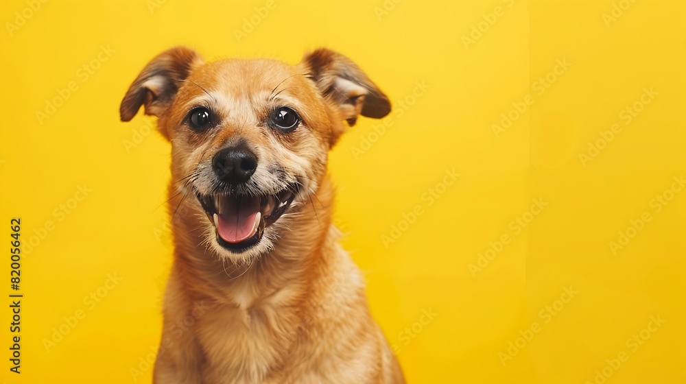 Happy puppy dog smiling on isolated yellow background : Generative AI