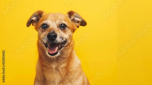 Happy puppy dog smiling on isolated yellow background   Generative AI