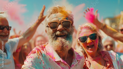 A cheerful photo of a gray-haired man in sunglasses completely covered in colored paints. Holi Festival of Colors.