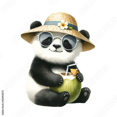 Adorable cartoon panda wearing a straw hat with a flower and sunglasses  enjoying a refreshing coconut drink on a sunny day. 
