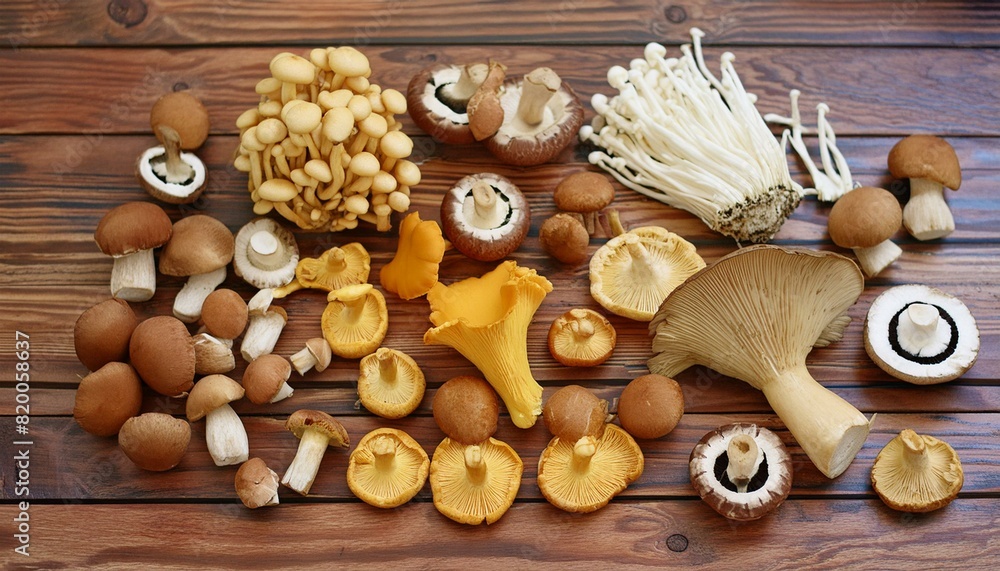 assortment of fresh mushrooms like oyster, cremini, and morel, meticulously arranged to highlight their unique textures and colors, assortment of fresh mushrooms like oyster, cremini, and morel, meticulously arranged to highlight their unique textures and colors,
