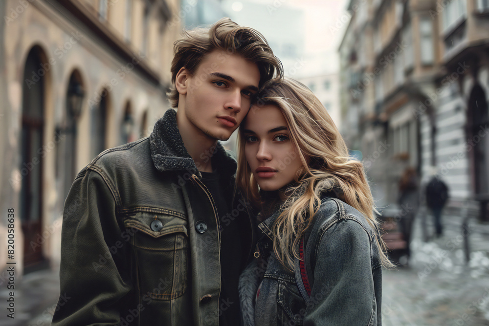 Trendy Young Couple in Urban Setting: Stylish Street Portrait Trendy Young Couple in Urban Setting: Stylish Street Portrait