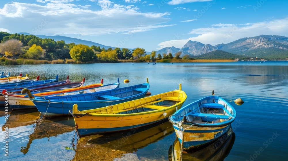 Fishing boats in L Estany a lake in Cullera Valencia province Spain