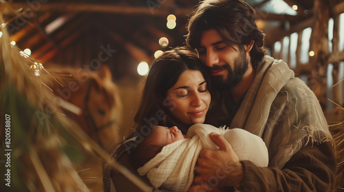 Couple reenacting a Christmas live nativity scene with their 8 days old little newborn baby