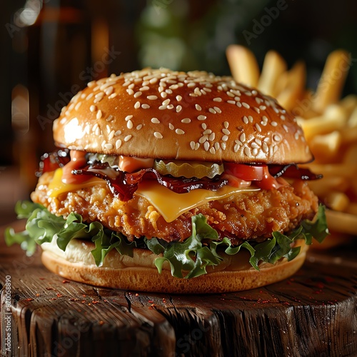 A delicious crispy chicken sandwich with melted cheese, fresh lettuce, tomato, and pickles on a toasted sesame seed bun. Served with a side of golden brown french fries.