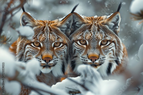 A duo of lynxes peering from behind snowcovered bushes, their intense eyes reflecting the cold wilderness photo