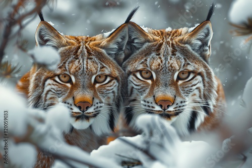 A duo of lynxes peering from behind snowcovered bushes  their intense eyes reflecting the cold wilderness